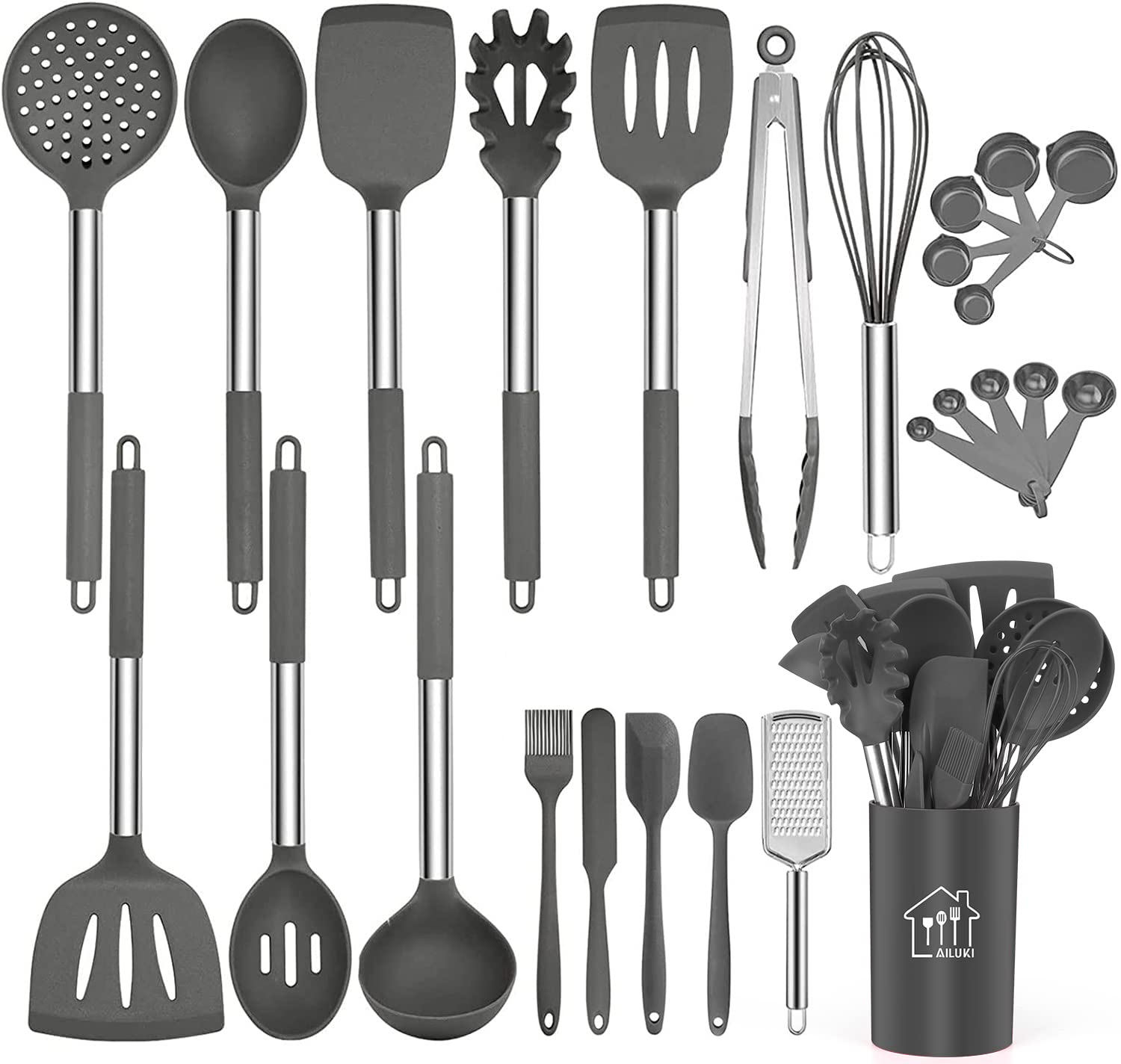 Silicone Cooking Utensils Set,Kitchen Utensils 26 Pcs Set,Non-stick Heat Resistant Silicone,Cookware with Stainless Steel Handle