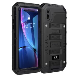 beasyjoy iphone xr metal case, waterproof heavy duty case with built-in screen protector, full body protective shockproof tough rugged military grade defender outdoor case(black)