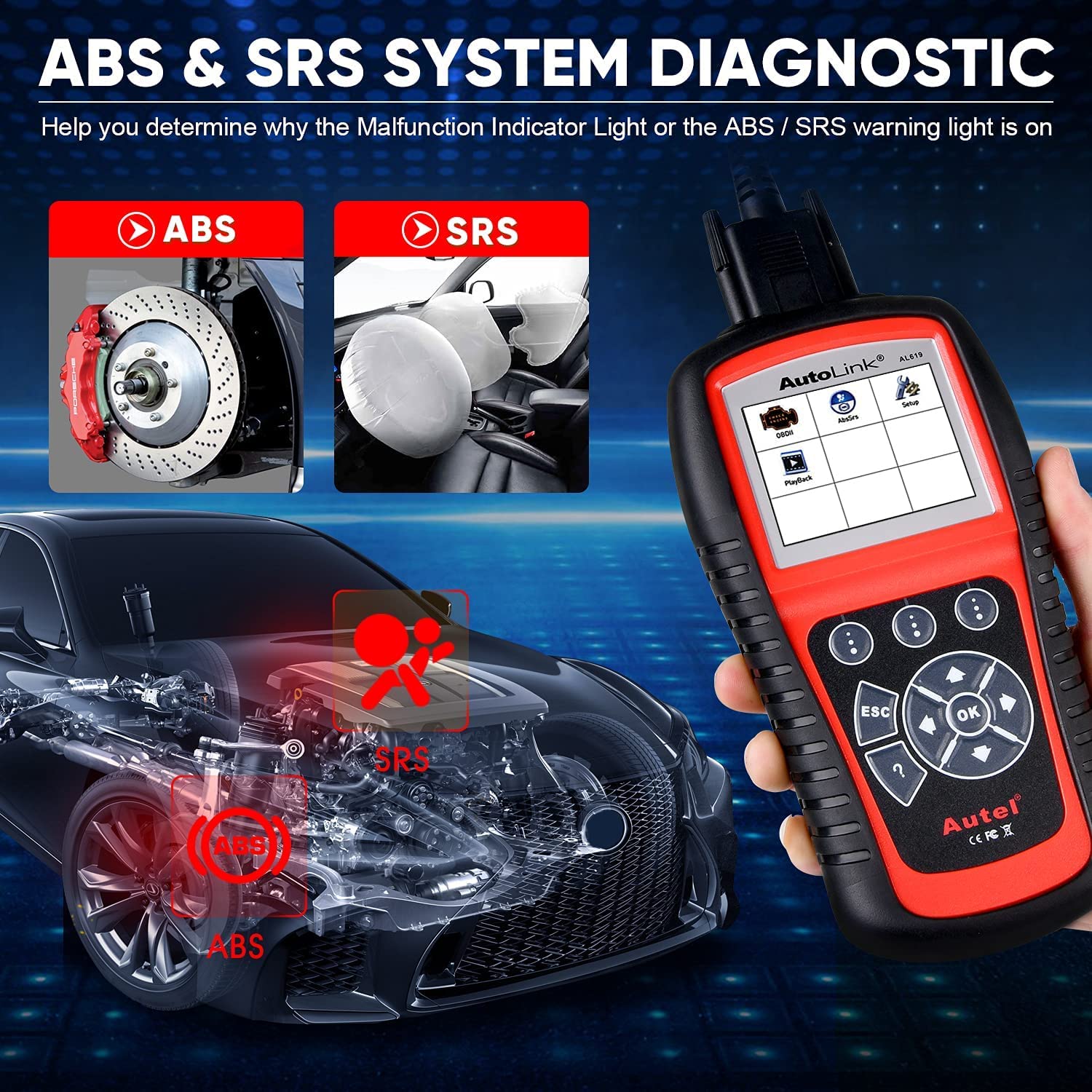 Autel AutoLink AL619 2024 Newest Car ABS SRS & CAN OBD2 Diagnostic Scan Tool, Read Erase DTCs for ABS Airbag & Full OBDII with Live Data, DTCs Library, Upgrade of AL519 ML519 ML619