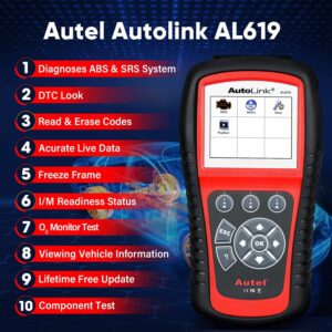 Autel AutoLink AL619 2024 Newest Car ABS SRS & CAN OBD2 Diagnostic Scan Tool, Read Erase DTCs for ABS Airbag & Full OBDII with Live Data, DTCs Library, Upgrade of AL519 ML519 ML619