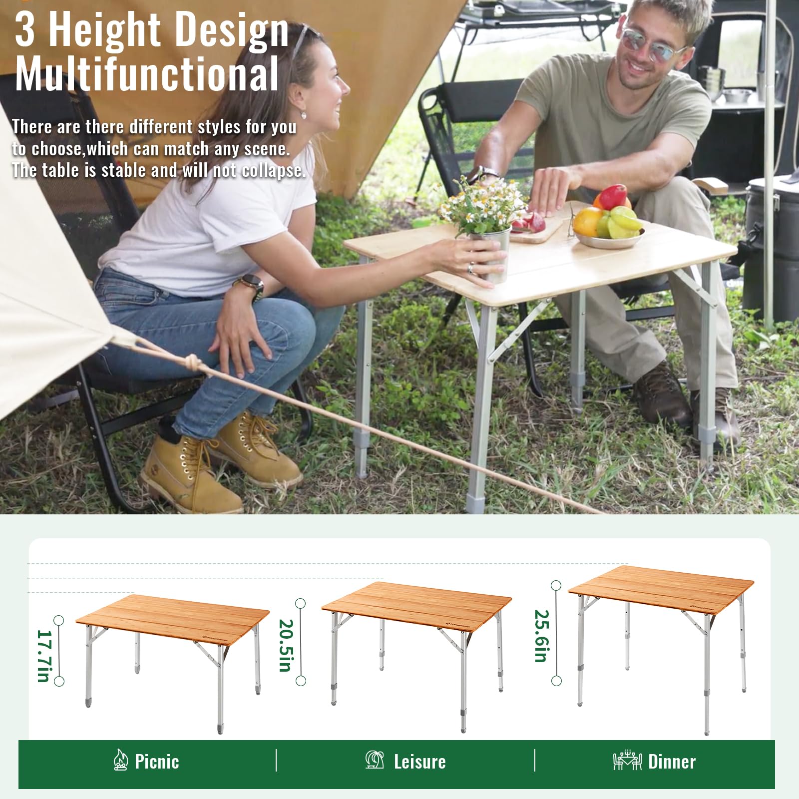 KingCamp Bamboo Folding Camping Table 4 Folds Lightweight with Adjustable Height Aluminum Legs Portable Camp Tables in Carry Bag for Indoor Outdoor Picnic Beach