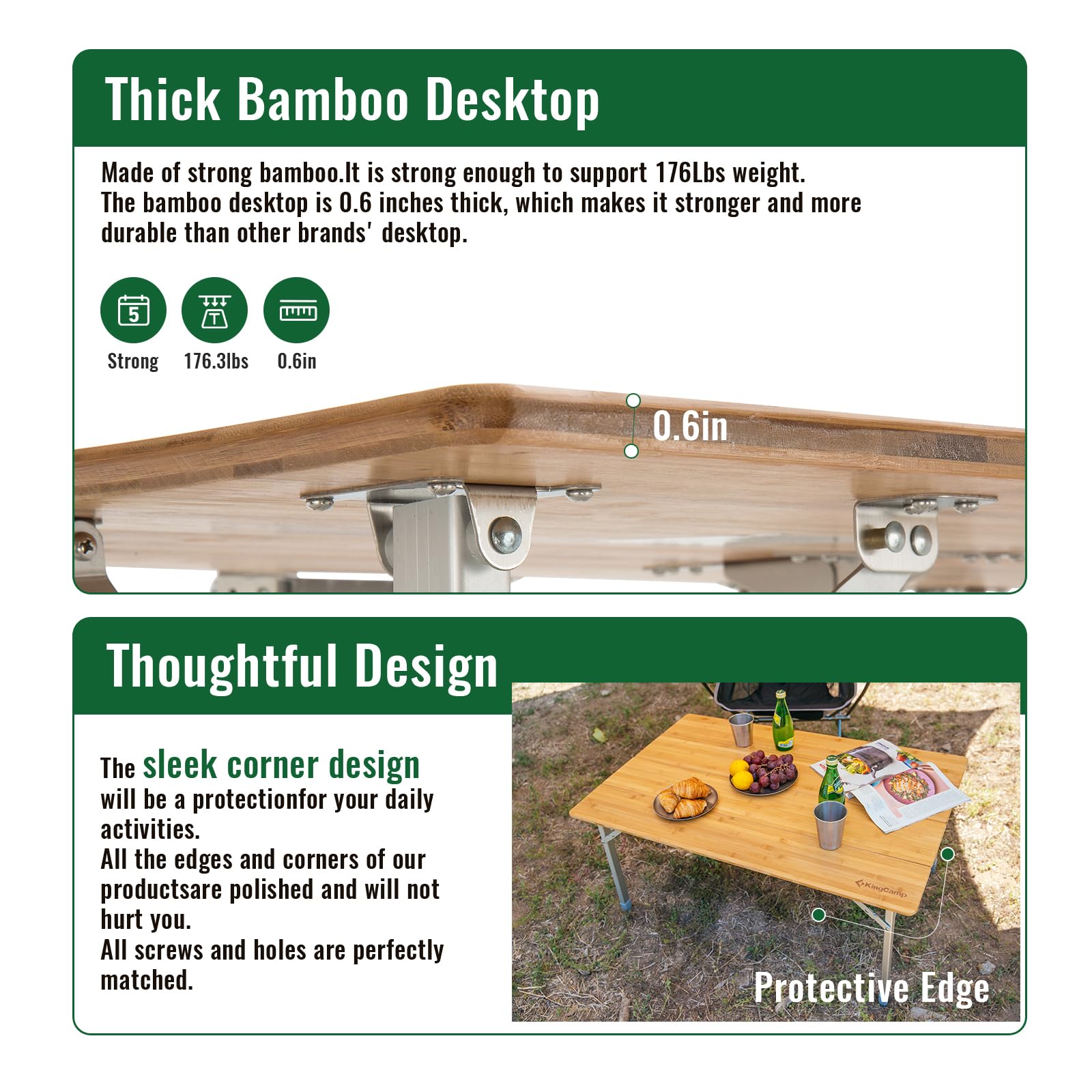 KingCamp Bamboo Folding Camping Table 4 Folds Lightweight with Adjustable Height Aluminum Legs Portable Camp Tables in Carry Bag for Indoor Outdoor Picnic Beach