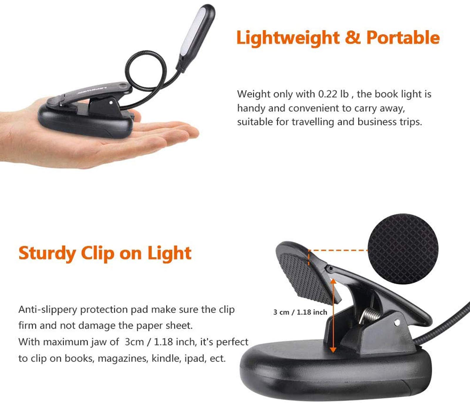 LEPOWER Clip on Book Light/Reading Light/Clip Light with 5 LED Eye Care, 3 Color Changeable, Portable Reading Lamp, Battery & USB Operated, Bed Light for Kids, Bookworms, Students(Black)