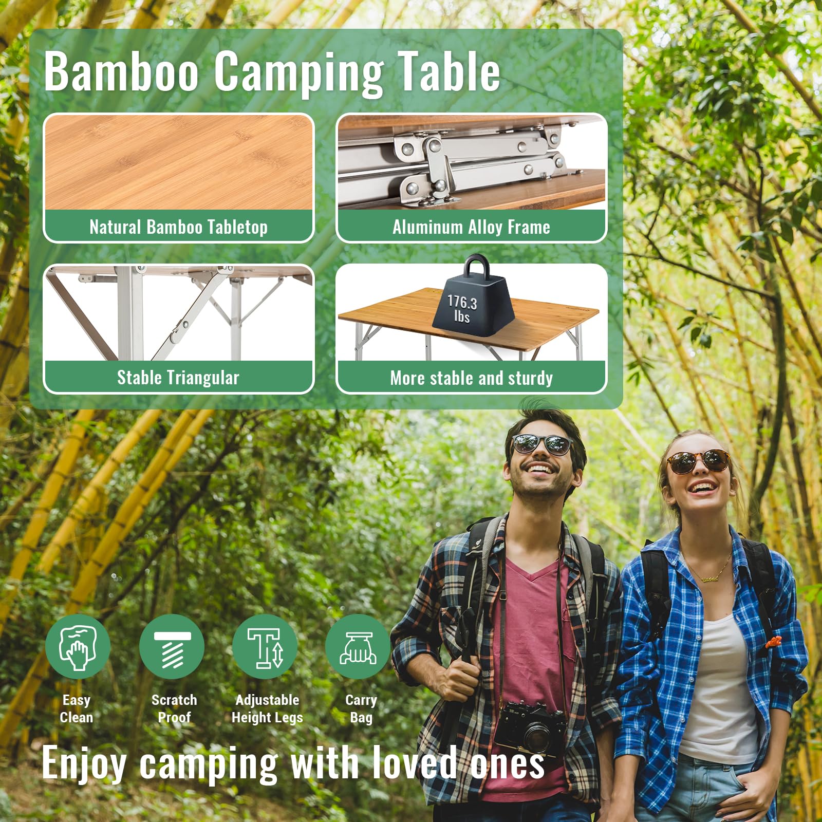 KingCamp Bamboo Folding Camping Table 4 Folds Lightweight with Adjustable Height Aluminum Legs Portable Camp Tables in Carry Bag for Indoor Outdoor Picnic Beach