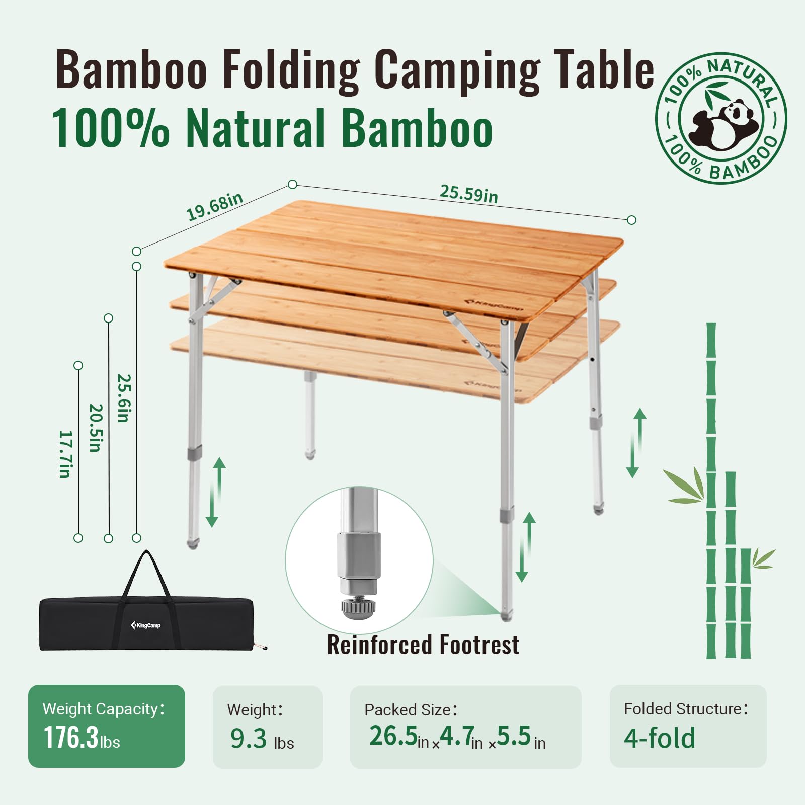 KingCamp Bamboo Folding Camping Table 4 Folds Lightweight with Adjustable Height Aluminum Legs Portable Camp Tables in Carry Bag for Indoor Outdoor Picnic Beach