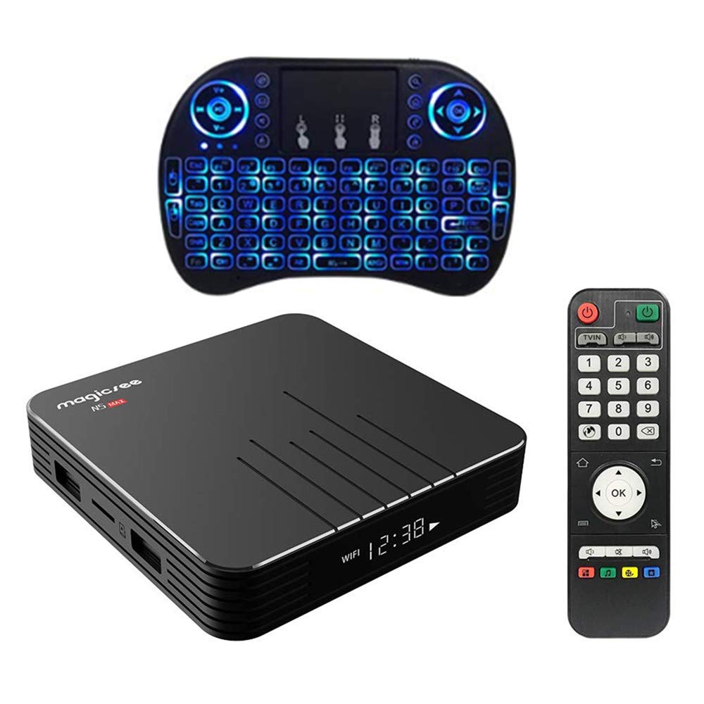 Magicsee N5 Max 4GB RAM 32ROM Android TV Box 9.0 with Mini Wireless Keyboard Backlit Amlgoic S905X3 Smart TV Box 4K 8K HDR Dual WiFi 2.4GHz/5GHz Bluetooth Quad Core 64 Bits USB Miracat DLNA Airplay