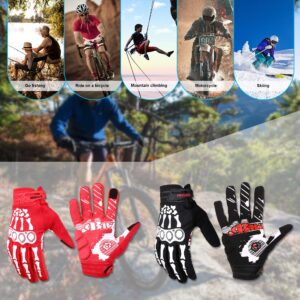 BRZSACR Cycling Gloves Full-Finger Gloves Skeleton Bones Motorcycle Bike Gloves Mountain-Padded Road Bicycle for Men Women Non-Slip and Resistance to Abrasion for Biking Climbing Hiking(Red.L