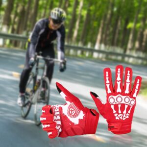 BRZSACR Cycling Gloves Full-Finger Gloves Skeleton Bones Motorcycle Bike Gloves Mountain-Padded Road Bicycle for Men Women Non-Slip and Resistance to Abrasion for Biking Climbing Hiking(Red.L