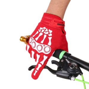 BRZSACR Cycling Gloves Full-Finger Gloves Skeleton Bones Motorcycle Bike Gloves Mountain-Padded Road Bicycle for Men Women Non-Slip and Resistance to Abrasion for Biking Climbing Hiking(Red.L