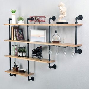 4-Tiers 63inch Industrial Pipe Shelving,Rustic Wooden&Metal Floating Shelves,Home Decor Shelves Wall Mount with Wine Rack,Black