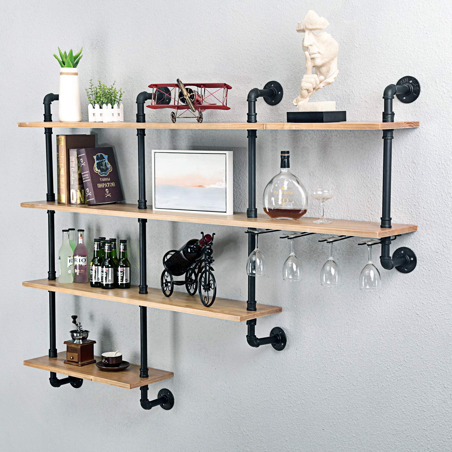 4-Tiers 63inch Industrial Pipe Shelving,Rustic Wooden&Metal Floating Shelves,Home Decor Shelves Wall Mount with Wine Rack,Black