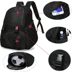 Youth Soccer Bags - Sports Backpacks for Soccer, Basketball, Football with Ball Holder for Boys Girls - Black