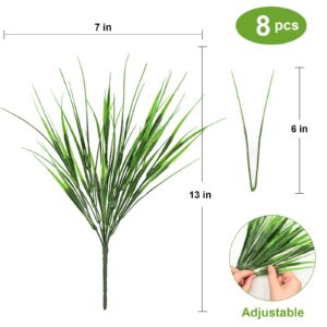 Sunm Boutique Artificial Outdoor Plants, 8 Bundles Fake Plastic Wheat Grass, Faux Plastic Greenery Shrubs for Indoor Outdoor Garden Office Window Box Veranda Centerpiece Floral Wedding Decor