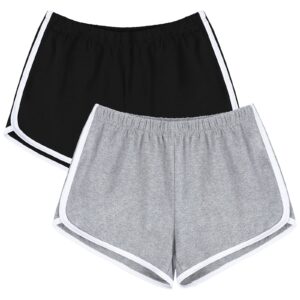 uratot women's cotton shorts gym shorts yoga shorts summer running active shorts dance elastic shorts, pack of 2 black, light gray