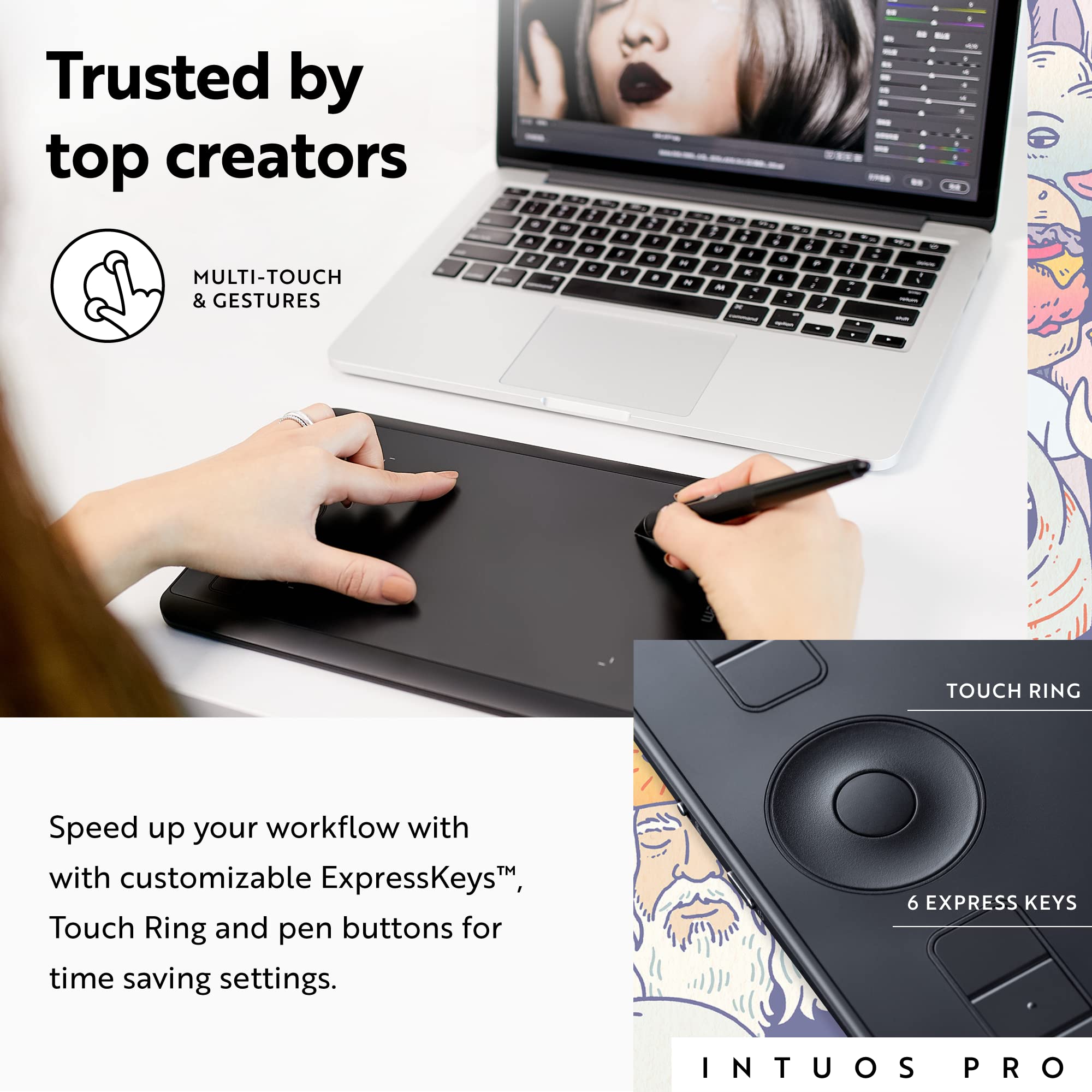 Wacom Intuos Pro Small Bluetooth Graphics Drawing Tablet, 6 Customizable ExpressKeys, 8192 Pressure Sensitive Pro Pen 2 Included, Compatible with Mac OS and Windows,Black