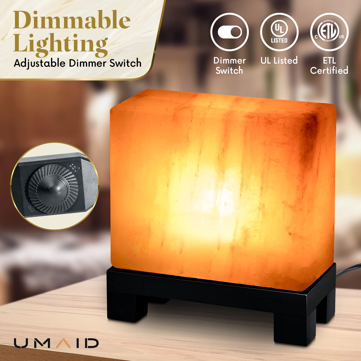 UMAID Himalayan Salt Lamp Rectangle, Salt Rock Lamp on Modern Wood Base, Night Light Bulb & Dimmable Cord, Natural Himalayan Pink Salt Lamp, Unique Home Decor, Zen Gifts, Spa & Meditation Accessories