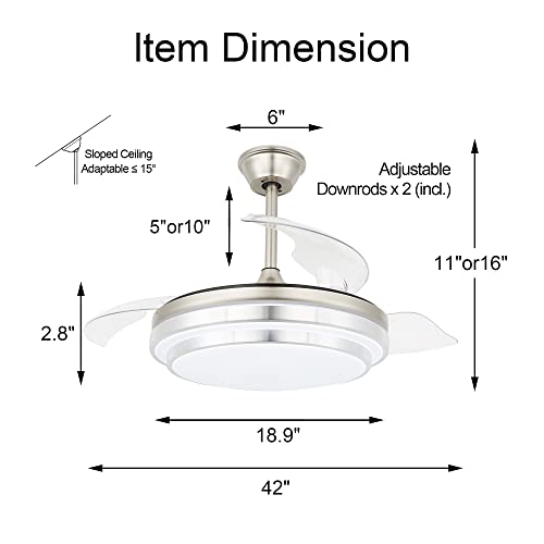 Bella Depot 42" Retractable Ceiling Fan with Lights and Remote with 3 Color Change, Timing Options, Silent Noiseless for Dining Room Bedroom Kitchen(Brushed Nickel, 42")