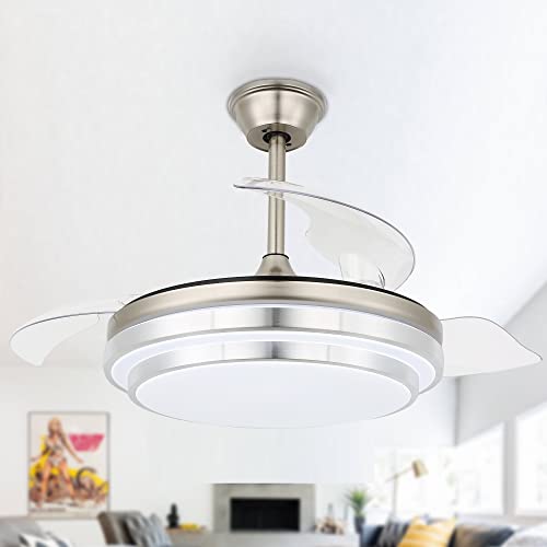 Bella Depot 42" Retractable Ceiling Fan with Lights and Remote with 3 Color Change, Timing Options, Silent Noiseless for Dining Room Bedroom Kitchen(Brushed Nickel, 42")