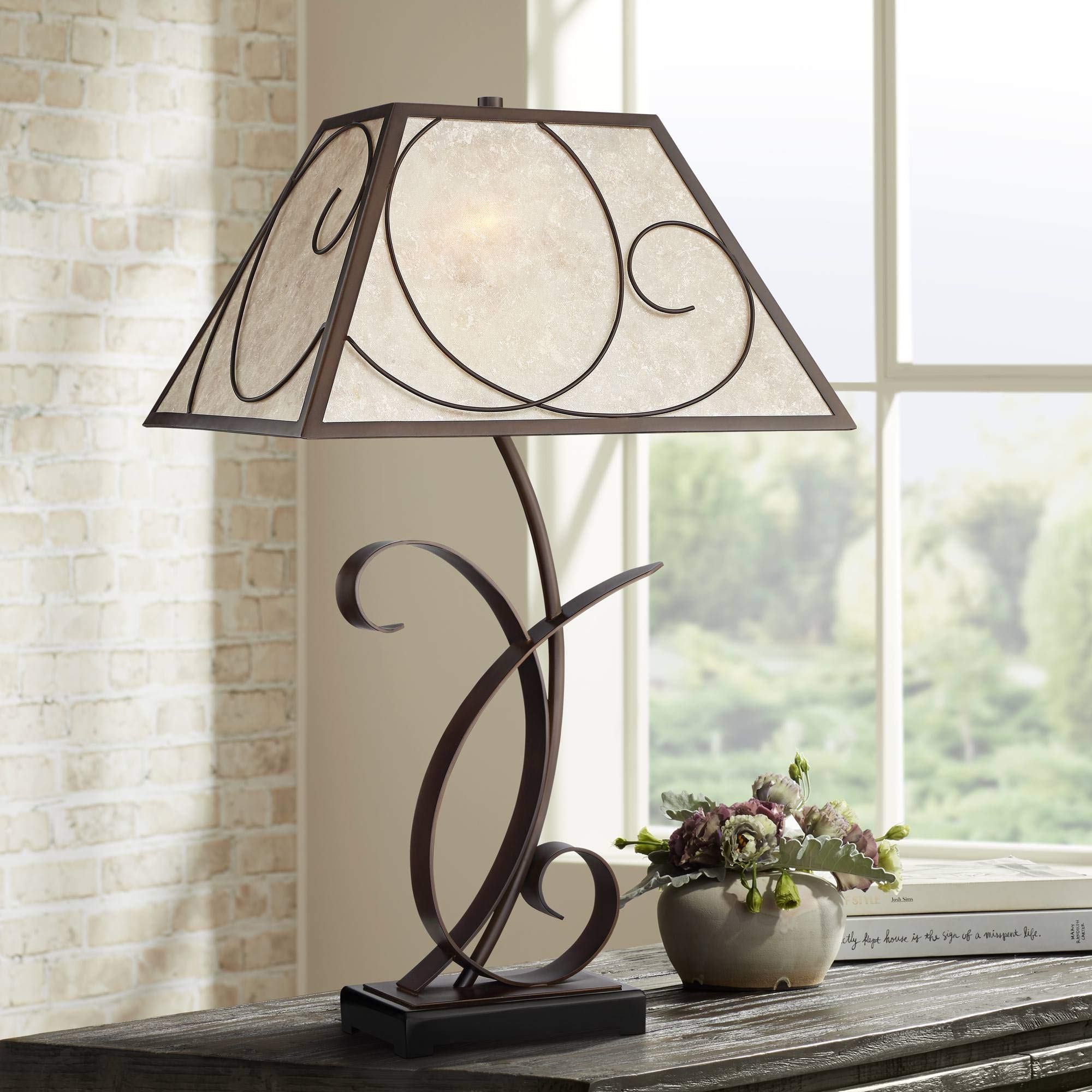 Franklin Iron Works Teri Rustic Farmhouse Table Lamp 27" Tall Vintage Brown Scroll Metal Light Mica Tapered Rectangular Shade for Bedroom Living Room House Home Bedside Nightstand Office Entryway