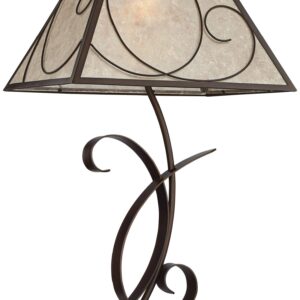 Franklin Iron Works Teri Rustic Farmhouse Table Lamp 27" Tall Vintage Brown Scroll Metal Light Mica Tapered Rectangular Shade for Bedroom Living Room House Home Bedside Nightstand Office Entryway