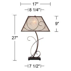 Franklin Iron Works Teri Rustic Farmhouse Table Lamp 27" Tall Vintage Brown Scroll Metal Light Mica Tapered Rectangular Shade for Bedroom Living Room House Home Bedside Nightstand Office Entryway