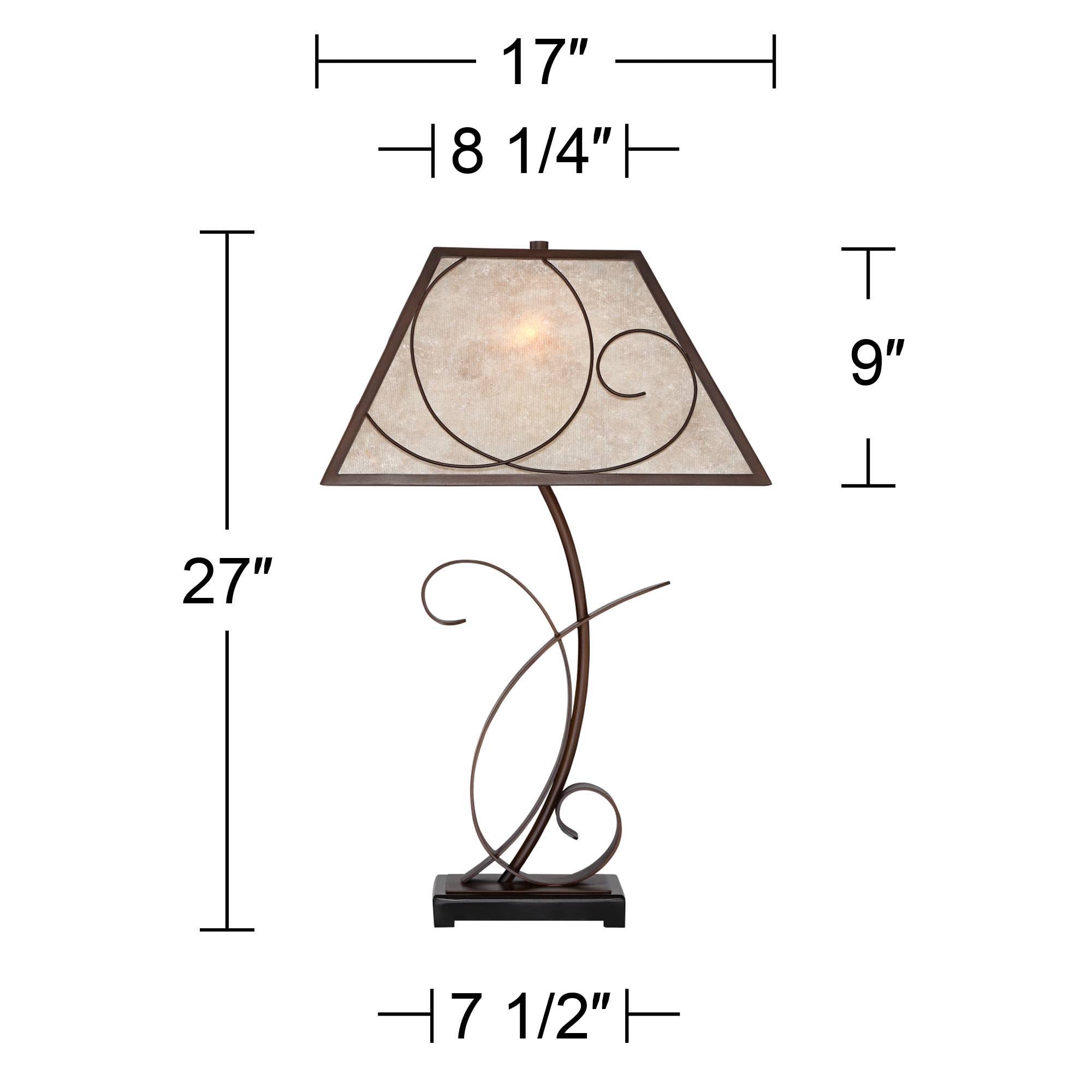 Franklin Iron Works Teri Rustic Farmhouse Table Lamp 27" Tall Vintage Brown Scroll Metal Light Mica Tapered Rectangular Shade for Bedroom Living Room House Home Bedside Nightstand Office Entryway