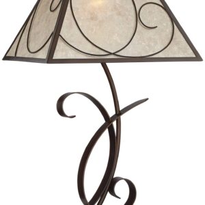 Franklin Iron Works Teri Rustic Farmhouse Table Lamp 27" Tall Vintage Brown Scroll Metal Light Mica Tapered Rectangular Shade for Bedroom Living Room House Home Bedside Nightstand Office Entryway