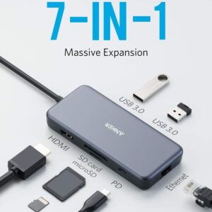 Anker USB C Hub Adapter, PowerExpand+ 7-in-1 USB C Hub, with 4K USB C to HDMI, 60W Power Delivery, 1Gbps Ethernet, 2 USB 3.0 Ports, SD and microSD Card Readers, for MacBook Pro and Other Laptops