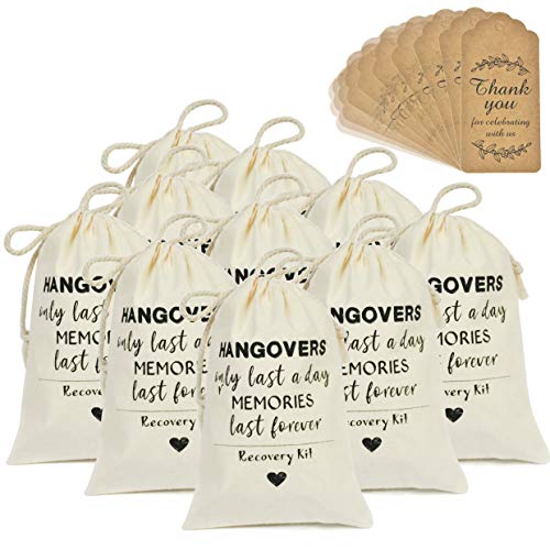 DÉCOCO 10 Bachelorette Party Favor Hangover Kit Bags(4'' x 6'') and Gift Tags Cotton Drawstring for Wedding Welcome Holiday Survival Recovery Bridesmaid Gifts