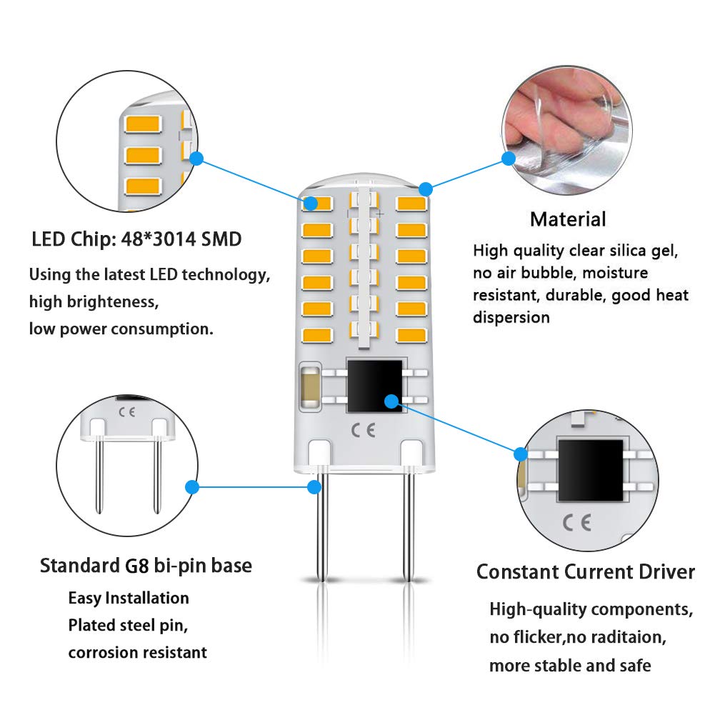 TAIYALOO G8 LED Bulb Dimmable 3W Equivalent to G8 Halogen Bulb 20W-25W, T4 JCD Type Bi-Pin G8 Base, AC 120V G8 Bulb Warm White 3000K for Under Cabinet Light, Under Counter Kitchen Lighting (10 Pack)