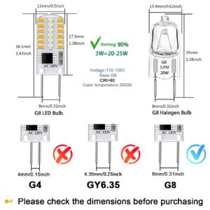 TAIYALOO G8 LED Bulb Dimmable 3W Equivalent to G8 Halogen Bulb 20W-25W, T4 JCD Type Bi-Pin G8 Base, AC 120V G8 Bulb Warm White 3000K for Under Cabinet Light, Under Counter Kitchen Lighting (10 Pack)