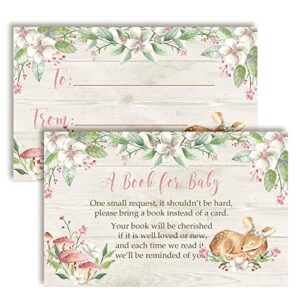 little deer forest themed “bring a book” cards for girl baby showers, 20 2.5 by 4 inch double sided insert cards by amandacreation, invite guests to bring a book for the baby