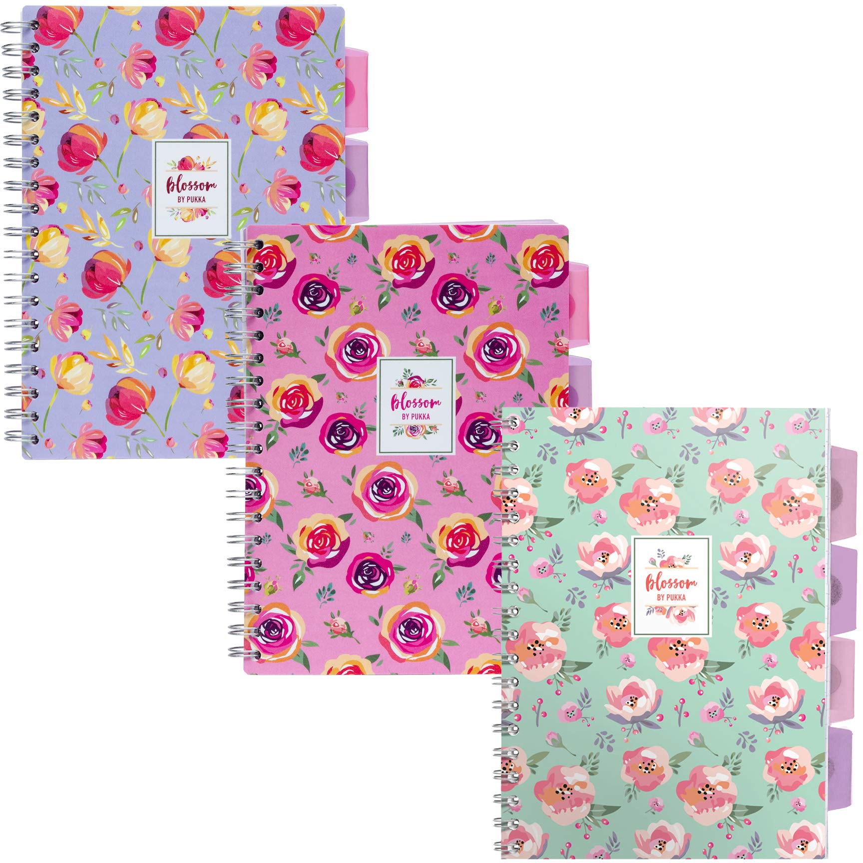 Pukka Pad 5 Subject Spiral Notebook 3-Pack - 200 Pages, 100 Sheets of 80GSM Paper with Repositionable Dividers & Perforated Edges for School & Office Planning & Organization - B5-7 X 10, Blossom