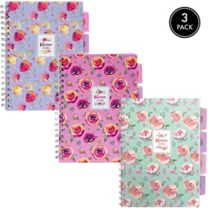 Pukka Pad 5 Subject Spiral Notebook 3-Pack - 200 Pages, 100 Sheets of 80GSM Paper with Repositionable Dividers & Perforated Edges for School & Office Planning & Organization - B5-7 X 10, Blossom