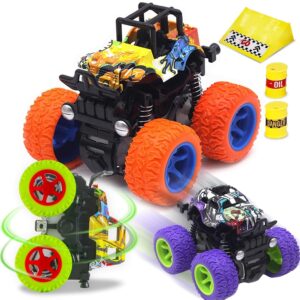 cozybomb friction powered monster trucks toys for boys - push and go car vehicles truck playset, inertia vehicle, kids birthday christmas party supplies gift 3 years old (orange,purple,green)