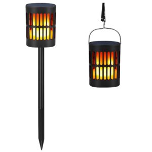 LED Solar Path Torch Lights Outdoor, 18LM Waterproof Dancing Flame Lanterns Hanging & In-Ground Warm Lighting Solar Powered & USB Charged Dusk to Dawn for Camping Patio Garden Yard Pathway