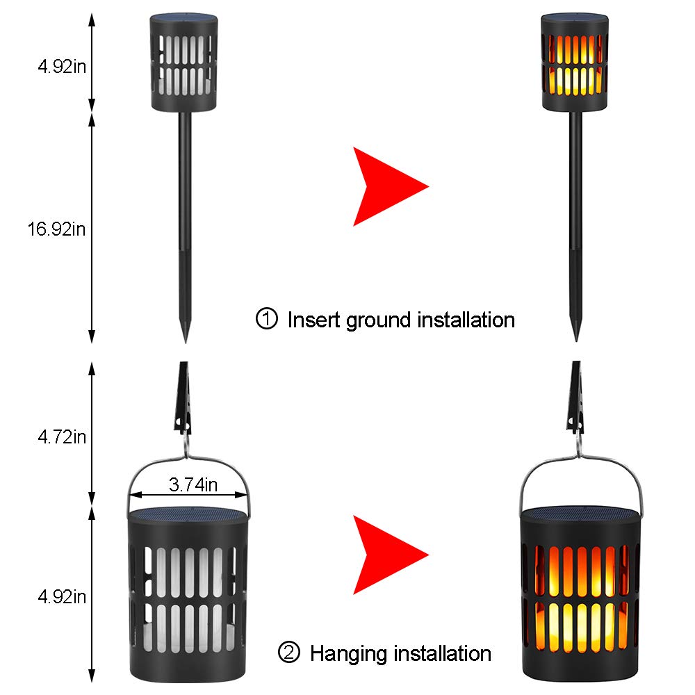 LED Solar Path Torch Lights Outdoor, 18LM Waterproof Dancing Flame Lanterns Hanging & In-Ground Warm Lighting Solar Powered & USB Charged Dusk to Dawn for Camping Patio Garden Yard Pathway