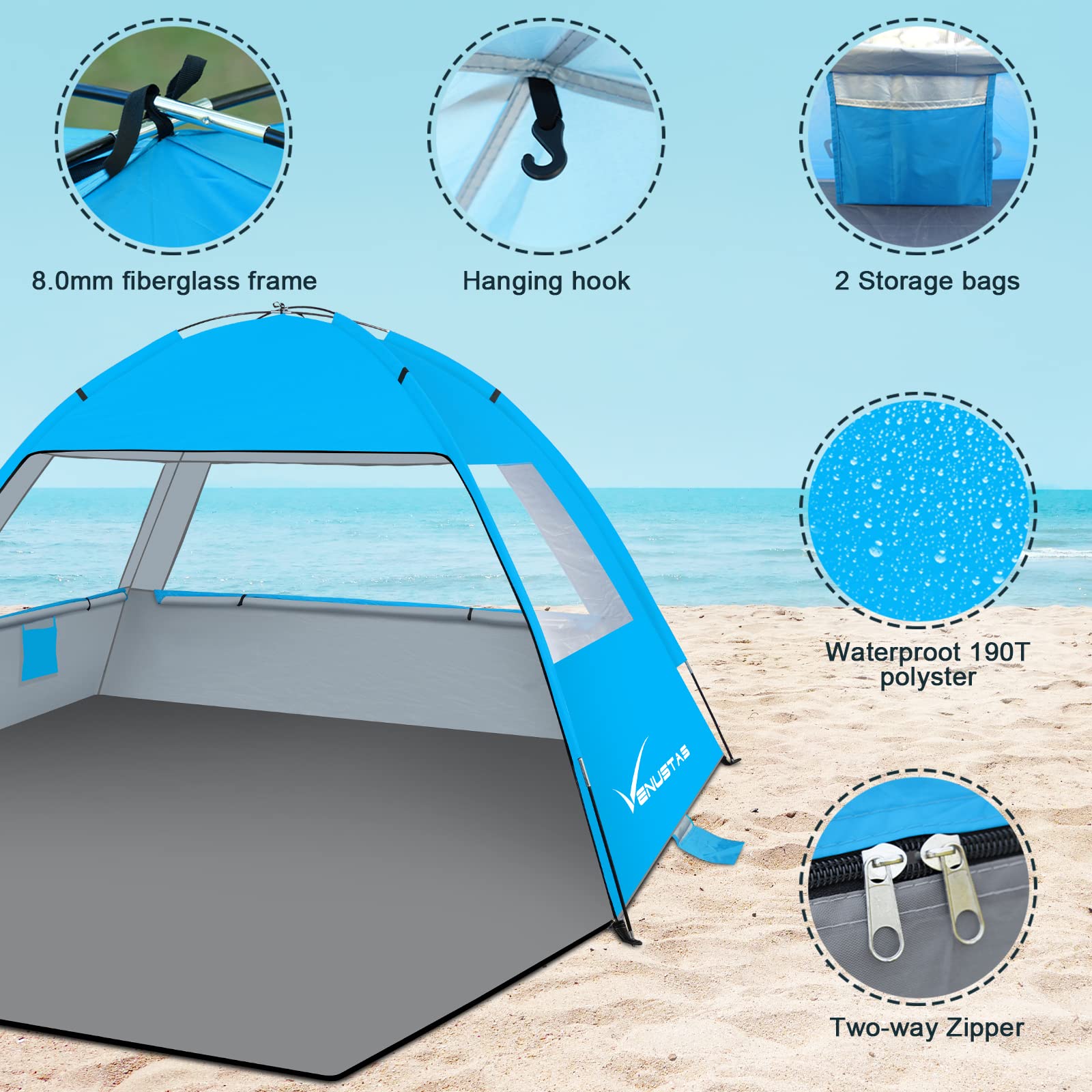 Venustas Beach Tent Sun Shelter for 3/4-5/6-7/8-10 Person, UPF 50+ UV Protection Portable Beach Canopy, Lightweight and Easy Setup Cabana