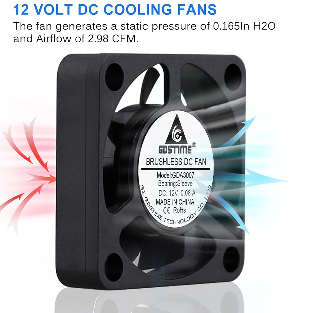 GDSTIME 30mm x 30mm x 7mm PH 2.0 12v Dc Brushless Cooling Fan