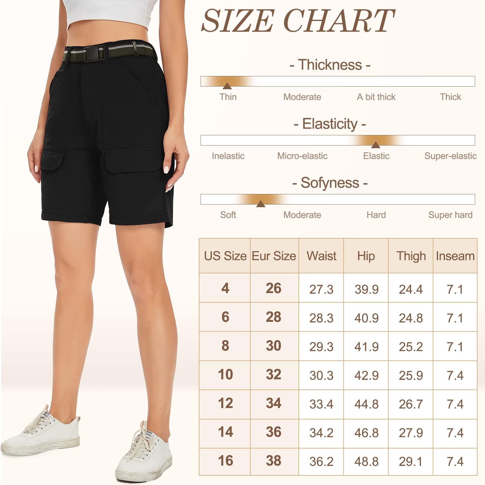 Jessie Kidden Womens Stretch Cargo Hiking Shorts Quick Dry Elastic Waist 7" Casual Shorts for Women Black