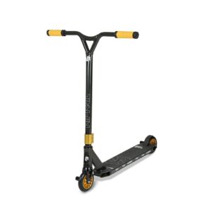 riprail semi pro 1 performance stunt scooter with alloy deck, alloy core wheels, abec-9 bearings, alloy neco threadless headset, alloy cnc machined fork, 2 pegs and gold components