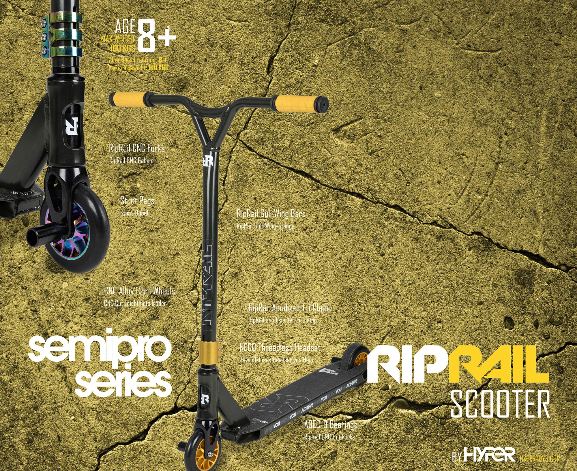 Riprail Semi Pro 1 Performance Stunt Scooter with Alloy Deck, Alloy Core Wheels, ABEC-9 Bearings, Alloy NECO Threadless Headset, Alloy CNC Machined Fork, 2 Pegs and Gold Components