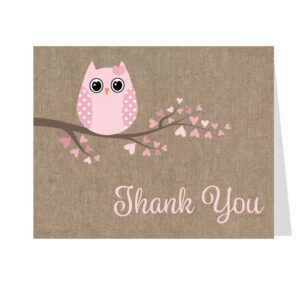 owl thank you cards baby shower babies are a hoot owls pink burlap hearts it's a girl girls country feather their nest burlap printed folding thank you notes (24 count)