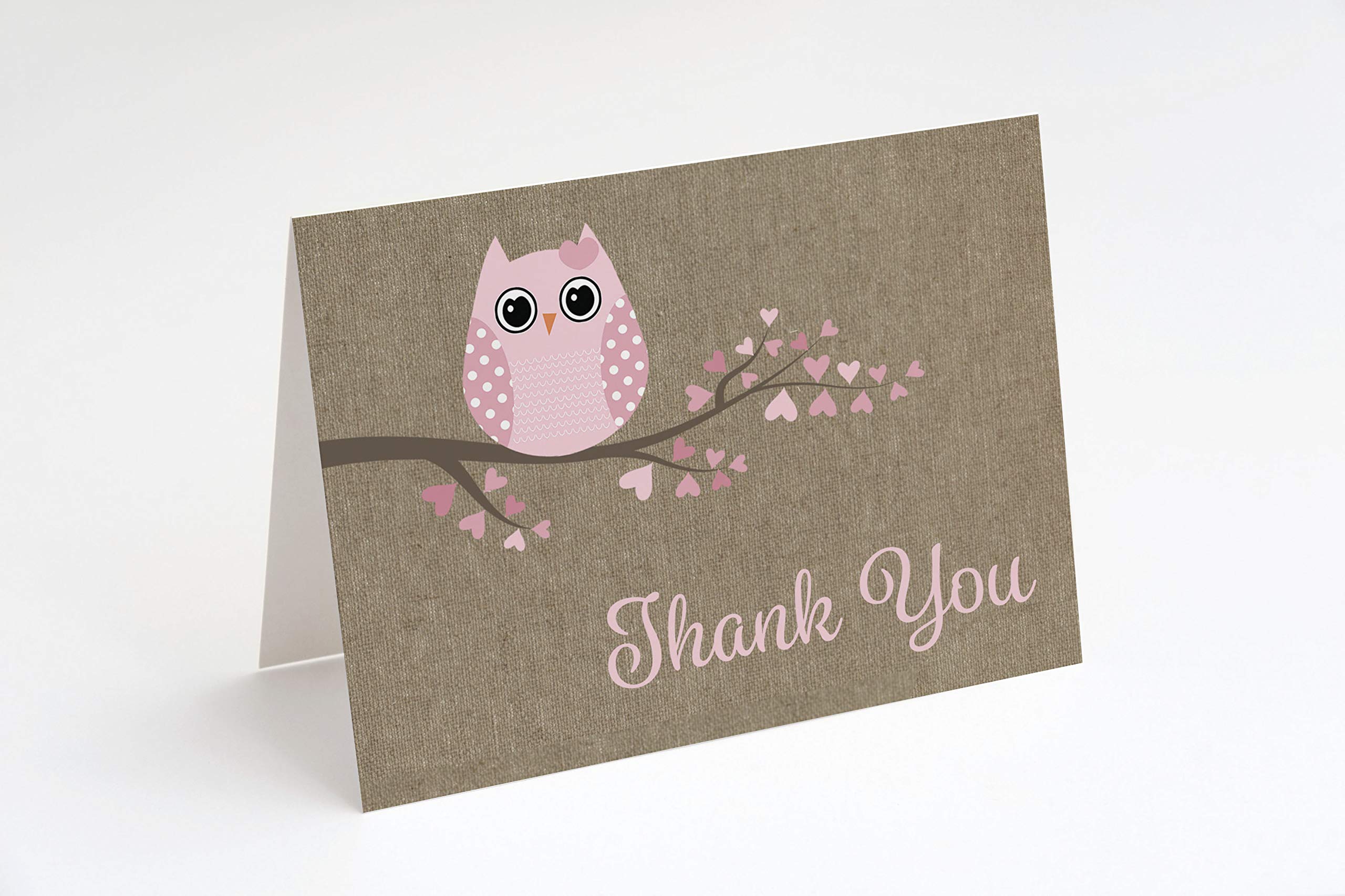 Owl Thank You Cards Baby Shower Babies are a Hoot Owls Pink Burlap Hearts It's a Girl Girls Country Feather Their Nest Burlap Printed Folding Thank You Notes (24 Count)