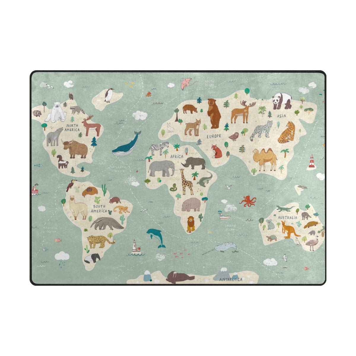 Vantaso Soft Foam Area Rugs World Map Animals Non Slip Play Mats for Kids Boys Girls Playing Room Living Room 80x58 inch