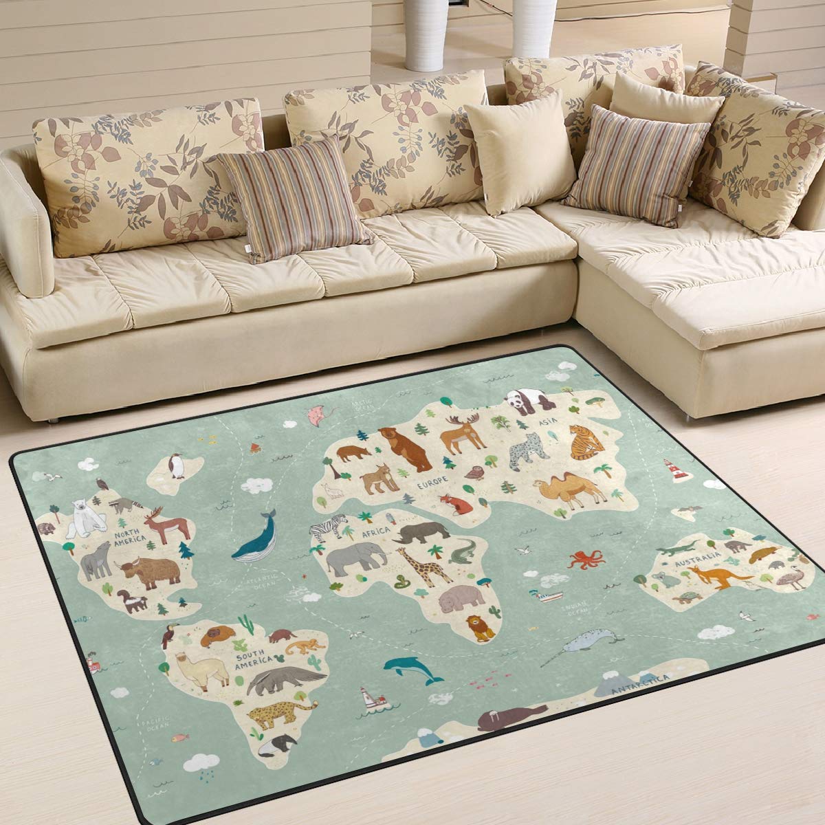 Vantaso Soft Foam Area Rugs World Map Animals Non Slip Play Mats for Kids Boys Girls Playing Room Living Room 80x58 inch