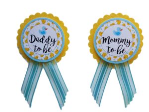 amy's bubbling boutique, inc. mommy & daddy to be pin duck baby shower yellow & blue it's a boy, baby sprinkle gender reveal