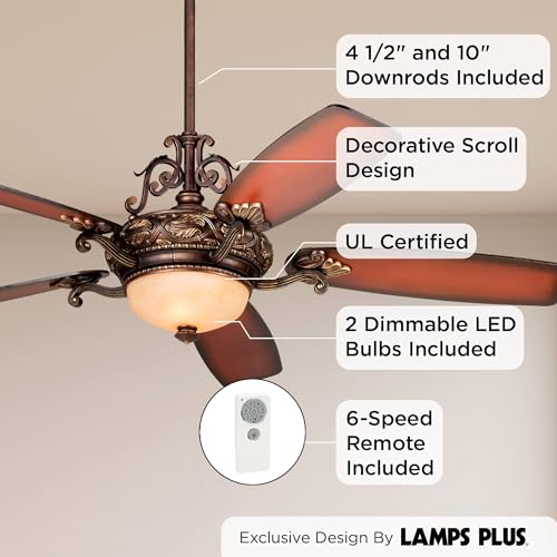 Casa Vieja 56" Casa Esperanza Vintage Indoor Ceiling Fan with Light LED Remote Control Dimmable Antique Bronze Gold Shaded Teak Blades for House Bedroom Living Room Home Kitchen Dining Office