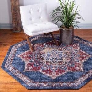 unique loom utopia collection traditional classic vintage inspired area rug with warm hues, 7' octagon, dark blue/beige