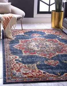 unique loom utopia collection traditional classic vintage inspired area rug with warm hues, 7' 1" x 10' rectangle, dark blue/beige